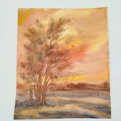 купить Этюд "Пейзаж с деревом", автор Т. Шипкова, бумага, смешанная техника, СССР, 1987 г.