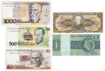 купить Бразилия набор из 5 банкнот 1, 5, 50, 500, 1000 крузейро 1962-1990