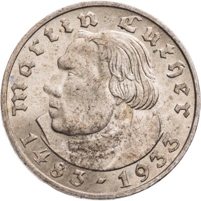 купить Германия (Третий рейх) 2 рейхсмарки (reichsmark) 1933 "450 лет со дня рождения Мартина Лютера", знак монетного двора: "E" - Мульденхюттен