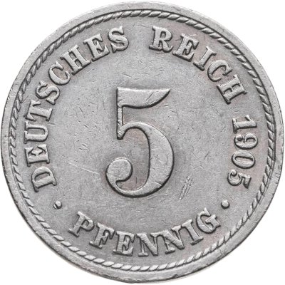 купить Германия 5 пфеннигов (pfennig) 1905 A знак монетного двора: "A" - Берлин