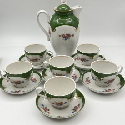 купить Сервиз кофейный с цветочным декором на 6 персон (13 предметов), фарфор, деколь, крытье, золочение, Дулевский фарфоровый завод (Дулёво), Россия, 1999 г.