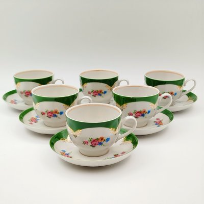 купить Набор чайных пар с цветочным декором на 6 персон (12 предметов), фарфор, деколь, крытье, золочение, Дулевский фарфоровый завод (Дулёво), Россия, 1999 г.