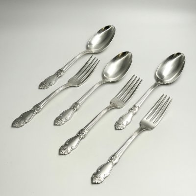 купить Набор столовых приборов на 3 персоны "Серебряная роза" (3 вилки и 3 ложки), мНЦ (медь-никель-цинк), Кольчугинский завод цветных металлов, СССР, 1970-1990 гг.