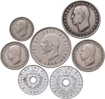 купить Греция набор из 7 монет (10, 20 и 50 лепт 1, 2, 5 и 10 драхм) 1954 - 1965 год - король Павел I