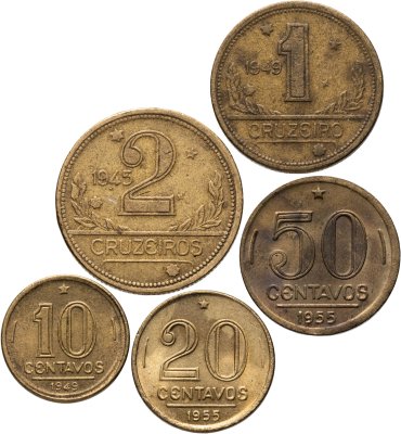 купить Бразилия набор из 5 монет 10, 20, 50 сентаво, 1, 2 крузейро 1945-1955