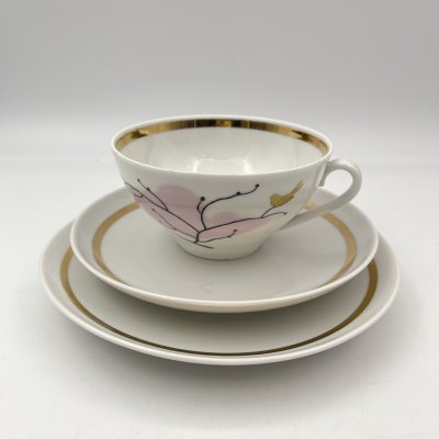 купить Чайное трио "Птички на закате", автор росписи (предп.) Н.П. Славина , форма "Эллипс", автор В.Л. Семенов, фарфор, роспись, золочение, цировка, Ленинградский фарфоровый завод (ЛФЗ), СССР, 1950-1960 гг.