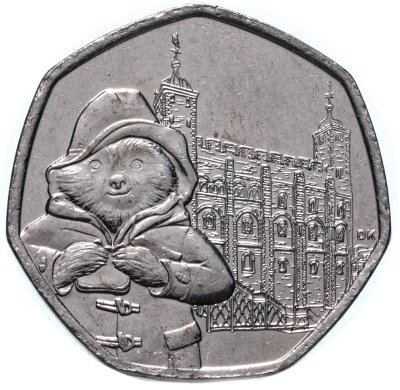 Купить Великобритания 50 пенсов (pence) 2019 "Медведь Паддингтон у Тауэра"