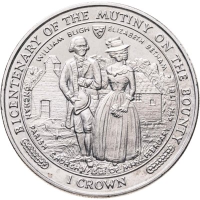 купить Остров Мэн 1 крона 1989 "200 лет мятежу на "Баунти". Уильям Блай и Елизавета Бетам"