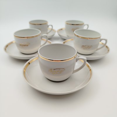 купить Набор кофейных пар с надписью "Кафе" на 5 персон, фарфор, золочение, Дмитровский фарфоровый завод (ДФЗ Вербилки), СССР, 1968-1991 гг.