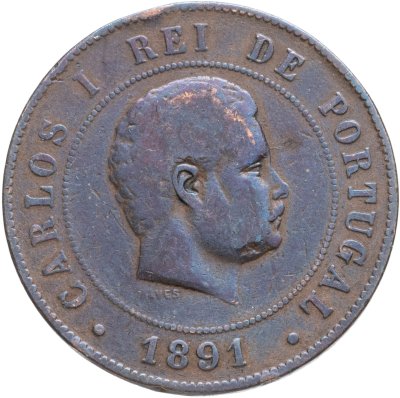 купить Португалия 20 реалов (рейс, reis) 1891 знак монетного двора: "A" - Париж