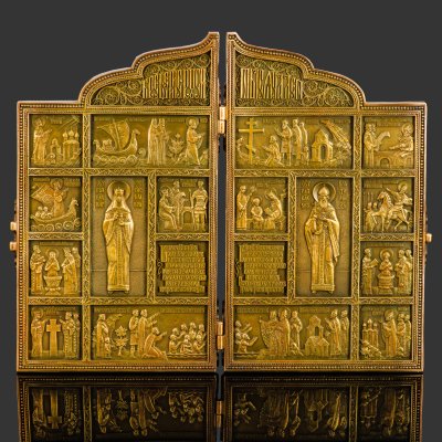 купить Складень "Тысячелетие Крещения Руси", медь, латунь, филигрань; в кожаном чехле, Российская Федерация, 2025 г.