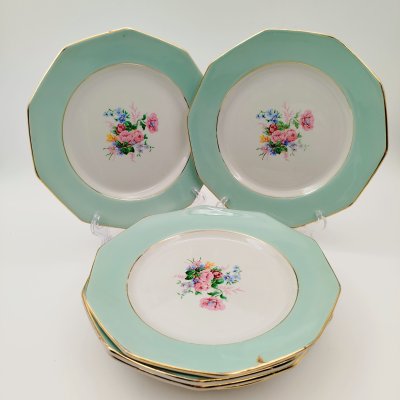 купить Набор десертных тарелок с цветочным декором на 6 персон, St.Amand, фаянс, деколь, крытье, золочение, Франция, 1970-1990 гг.