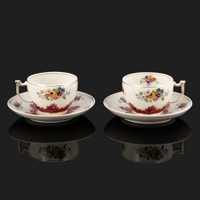 купить [Редкий декор] Две чайные пары "Барбарис", фарфор, деколь, роспись, золочение, Дмитровский фарфоровый завод (ДФЗ Вербилки), СССР, 1940-1954 гг.