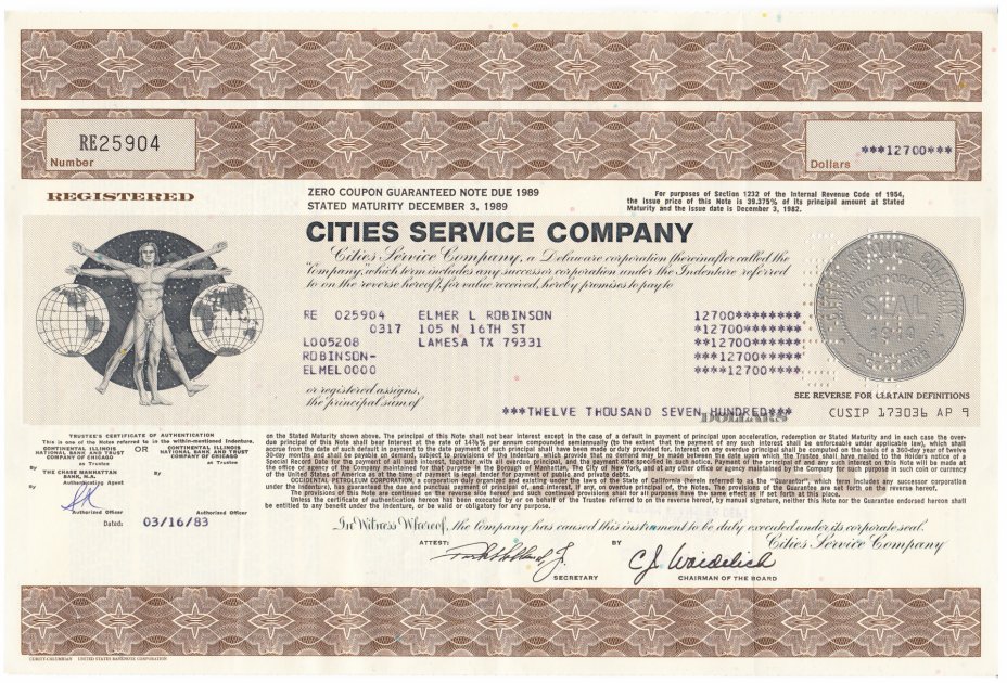 купить Акция США CITIES SERVICE COMPANY  1982 - 1983 гг.