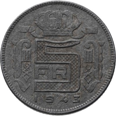 купить Бельгия 5 франков (francs) 1943 Надпись на французском - 'DES BELGES'