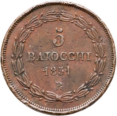 купить Папская область 5 байокко (baiocchi) 1851 R