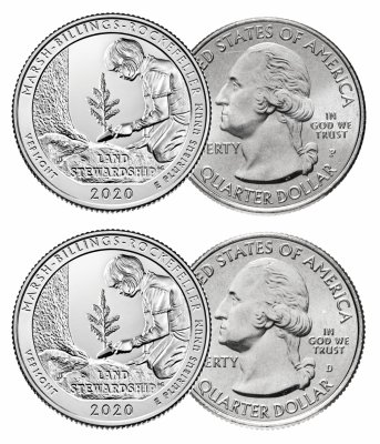 купить Комплект из 2-х монет США 1/4 доллара (25 центов, квотер) 2020 — "Национальный исторический парк Рокфеллера" (54-й парк, двор P и D)