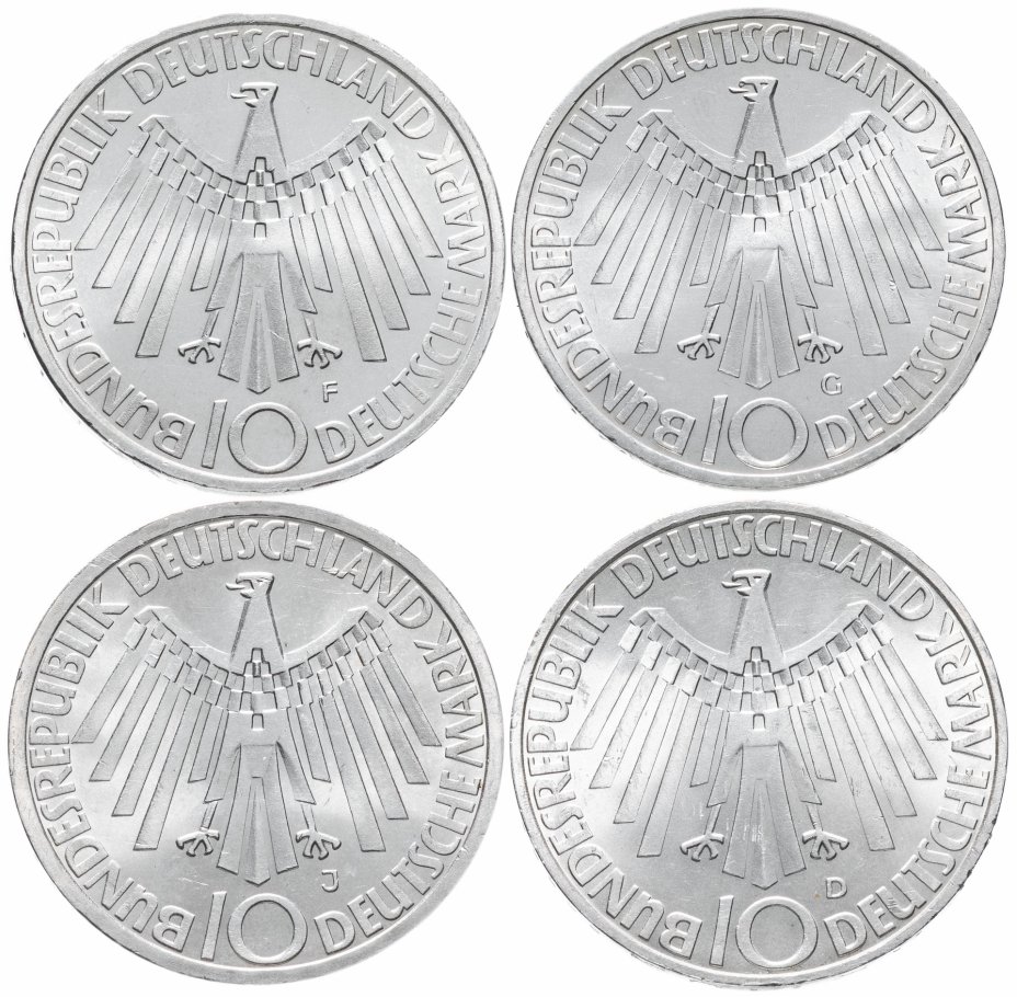 купить Германия набор монет 10 марок 1972 "XX летние Олимпийские Игры, Мюнхен 1972 - Эмблема "In München"" (Двор:D, F, G, J)