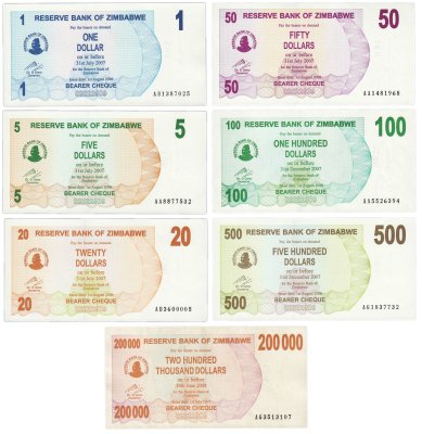 купить Зимбабве набор из 7 банкнот 1, 5, 10, 20, 50, 100, 500, 20000 долларов 2007-2008