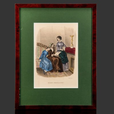 купить Иллюстрация к французскому журналу мод "Modes Francaises", выпуск январь 1850 года, автор Элоиза Лелуар (Heloise Leloir), бумага, печать, картон, шпон (рама), Франция, 1850-1900 гг.