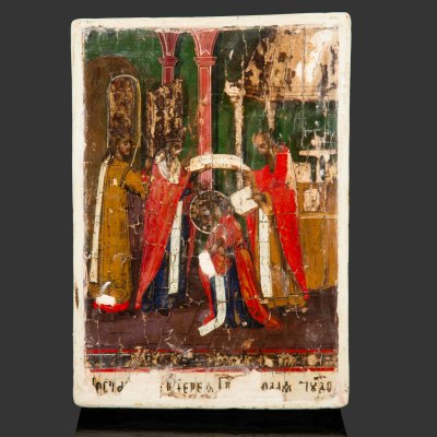 купить Икона "Поставление святого Николая Чудотворца в Епископы", дерево, темпера, Российская империя, 1800-1850 гг.