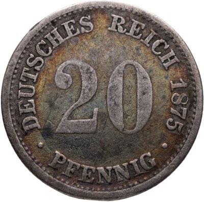 купить Германия 20 пфеннигов (pfennig) 1875, знак монетного двора: "F" - Штутгарт