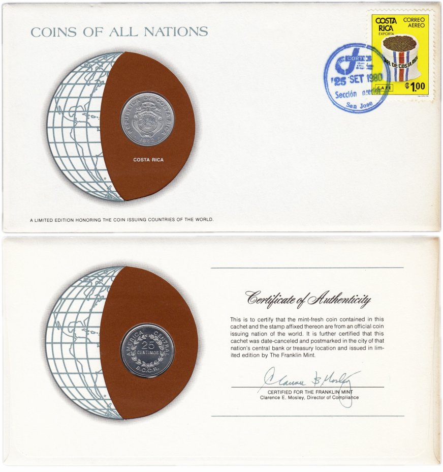 купить Серия «Монеты всех стран мира» - Коста-Рика 25 сентимо (centimos) 1982 (монета и 1 марка в конверте)