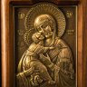 Купить Икона "Богородица Владимирская" в раме ковчеге, медь, латунь, холодная эмаль, полированный орех, Российская Федерация, 2025 г.