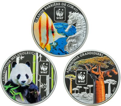 купить Центральноафриканская республика (ЦАР) 100 франков 2015 набор из 3-х монет "Всемирный фонд дикой природы WWF-Панда, Баобаб, риф Рыбы"
