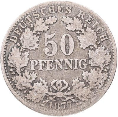 купить Германия 50 пфеннигов (pfennig) 1877, венок на аверсе, знак монетного двора: "D" - Мюнхен
