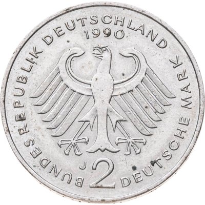 купить Германия 2 марки 1990 "Франц Йозеф Штраус, 40 лет Федеративной Республике (1949-1989)", знак монетного двора: "J" - Гамбург