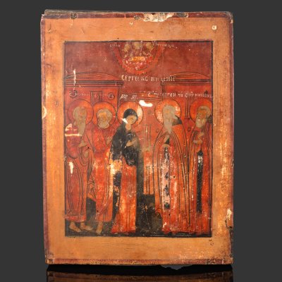 купить Икона "Явление Богоматери преподобному Сергию Радонежскому" ("Сергиево видение"), дерево, темпера, Российская империя, 1850-1900 гг.