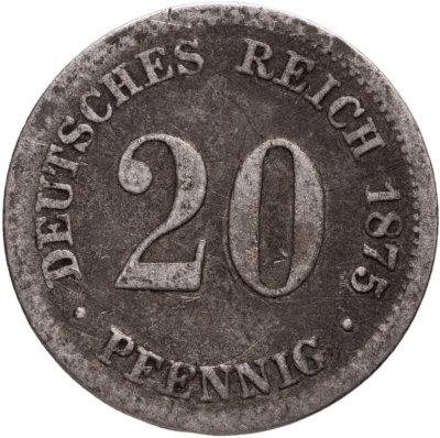 купить Германия 20 пфеннигов (pfennig) 1875, знак монетного двора: "F" - Штутгарт