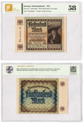 купить Германия 5000 марок 1922 в слабе TQG AU 55