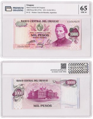 купить Уругвай 1000 песо 1974 в слабе PG UNC65