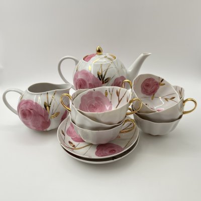 купить Набор чайный "Весенний" на 6 персон (10 предметов), форма "Белый лебедь", автор формы О.М. Михигули, фарфор, роспись, золочение, Дулевский фарфоровый завод (Дулёво), СССР, 1987 г.