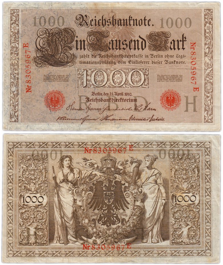 купить Германия 1000 марок 1910 (Pick 44b) красная печать