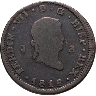 купить Испания 8 мараведи 1818, король Фердинанд VII (2-тип портрета: малая голова с лавровым венком), монетный двор г. Джубия, Галисия (знак J)