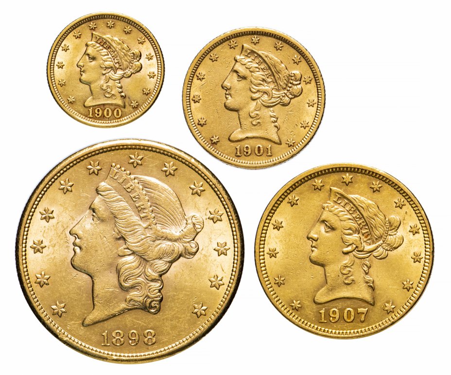 купить Полный набор регулярных золотых монет США 1898-1907 (20 долларов, 10 долларов, 5 долларов, 2.5 доллара)