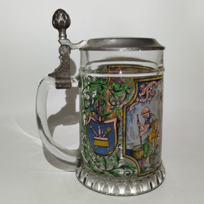 купить Кружка пивная с крышкой "Весёлые мастера", стекло, деколь, сплав металов, Германия, 1970-1990 гг.