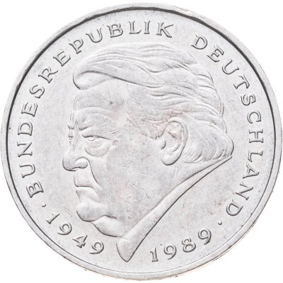 купить Германия 2 марки 1990 "Франц Йозеф Штраус, 40 лет Федеративной Республике (1949-1989)", знак монетного двора: "J" - Гамбург