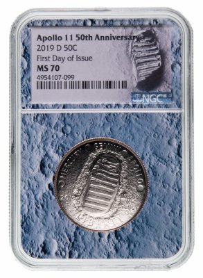 купить США 50 центов (1/2 доллара, half dollar) 2019 "50 лет полёта Аполлон-11 на Луну" Знак монетного двора: "D" - Денвер в слабе NGC MS70