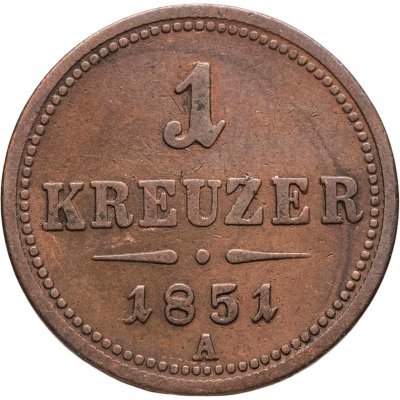купить Австрия 1 крейцер (kreuzer) 1851, знак монетного двора "А" - Вена