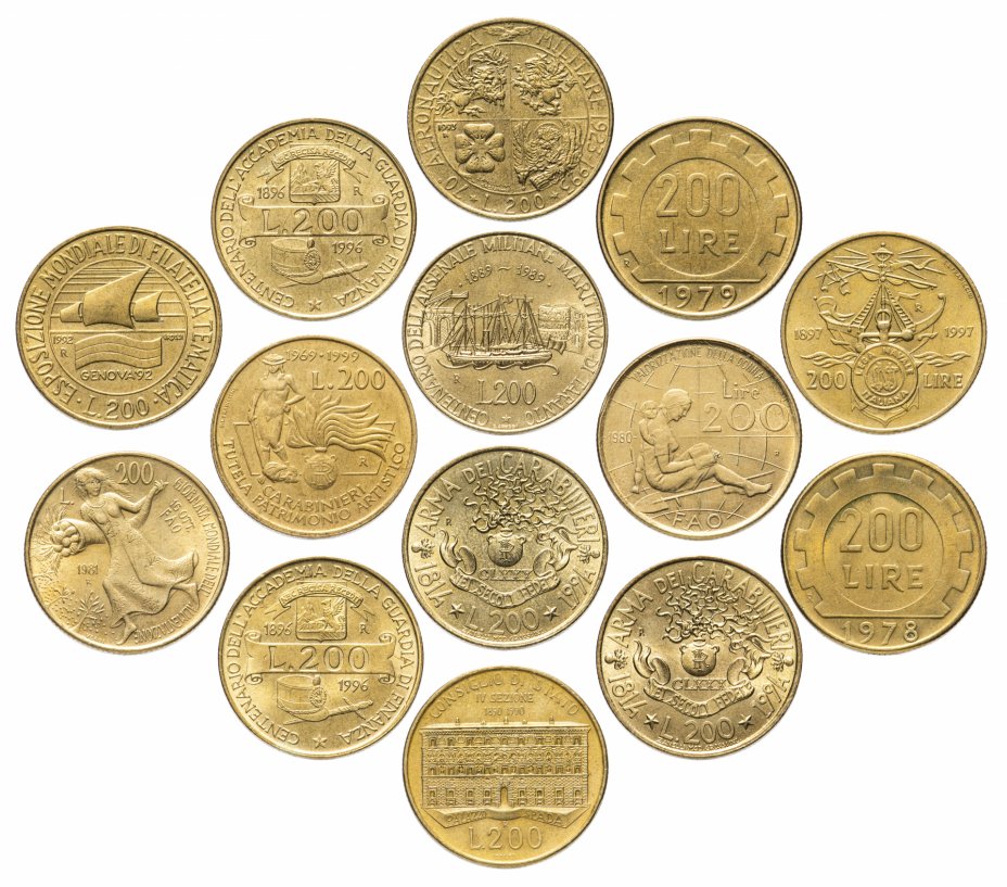 купить Италия набор из 14 монет 200 лир 1978-1999