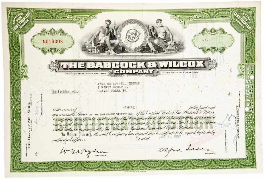 купить Акция США THE BABCOCK & WILCOX COMPANY 1957 г.