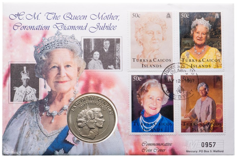 купить Тёркс и Кайкос 5 крон (crowns) 1997  60 лет коронации Георга VI, в конверте с марками