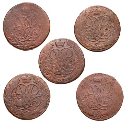купить 5 копеек 1758 - 1762 годов. Погодовка 5 пятаков Елизаветы Петровны