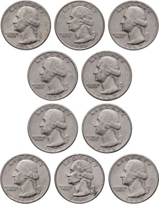 купить США набор из 10 монет 25 центов (квотер, 1/4 доллара, quarter dollar) 1965-1998