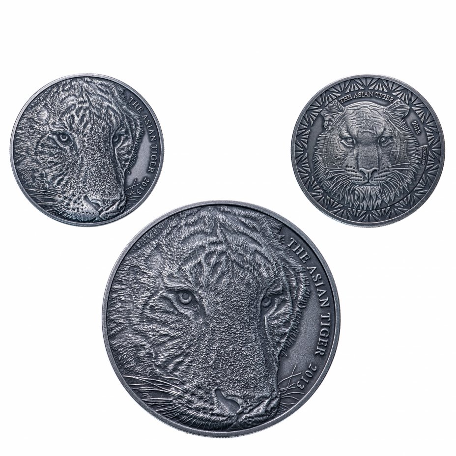 купить Токелау 1 доллар 2013 набор из 2-х монет и медали "Азиатский тигр", в футляре с сертификатом Редкость