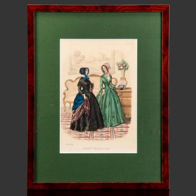 купить Иллюстрация к французскому журналу мод "Modes Francaises", выпуск февраль 1849 года, автор Элоиза Лелуар (Heloise Leloir), бумага, печать, картон, шпон (рама), Франция, 1849-1900 гг.